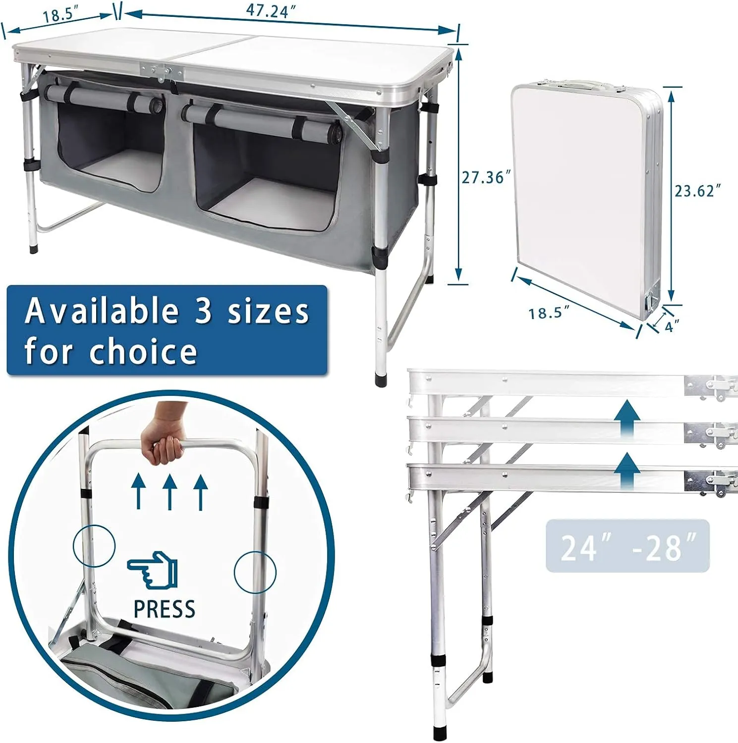 Outdoor Folding Table, Camping Folding Tables with 3 Adjustable Height Legs and Storage Organizer for BBQ, Party, Picnic, Camping (Black)