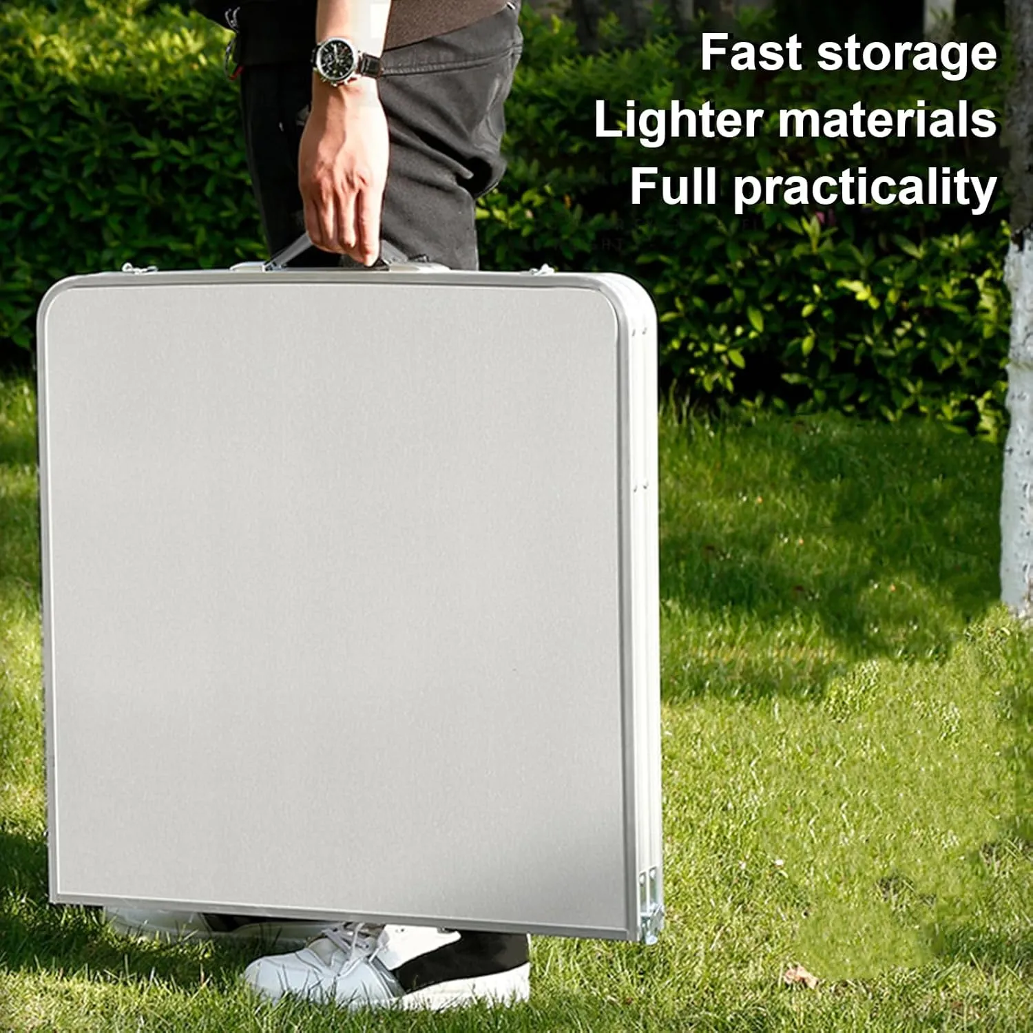 Outdoor Folding Table Portable Lightweight Folding Camping Table Heavy Duty Aluminum Alloy Folding Table with Carrying Handle Height Adjustable Fold-in-Half Table for Camping Picnic BBQ WHI