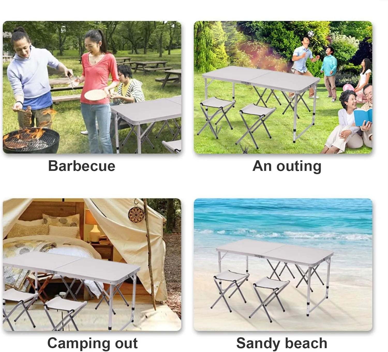 Outdoor Folding Table Portable Lightweight Folding Camping Table Heavy Duty Aluminum Alloy Folding Table with Carrying Handle Height Adjustable Fold-in-Half Table for Camping Picnic BBQ WHI