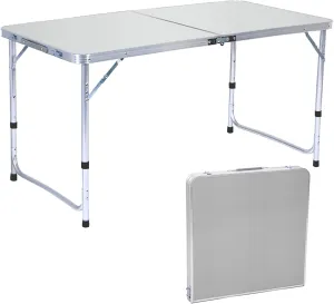 Outdoor Folding Table Portable Lightweight Folding Camping Table Heavy Duty Aluminum Alloy Folding Table with Carrying Handle Height Adjustable Fold-in-Half Table for Camping Picnic BBQ WHI