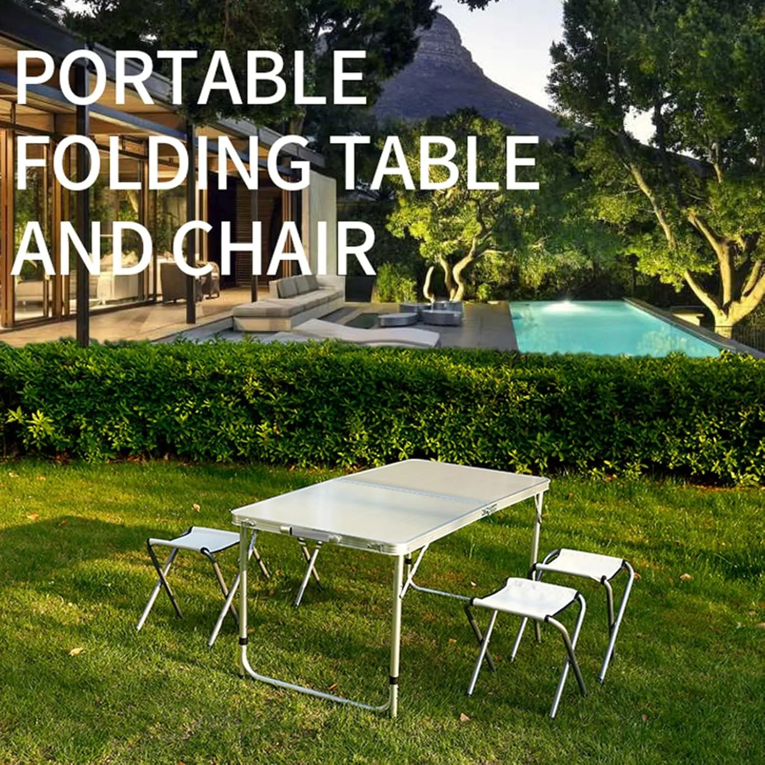 Outdoor Folding Table Portable Lightweight Folding Camping Table Heavy Duty Aluminum Alloy Folding Table with Carrying Handle Height Adjustable Fold-in-Half Table for Camping Picnic BBQ WHI