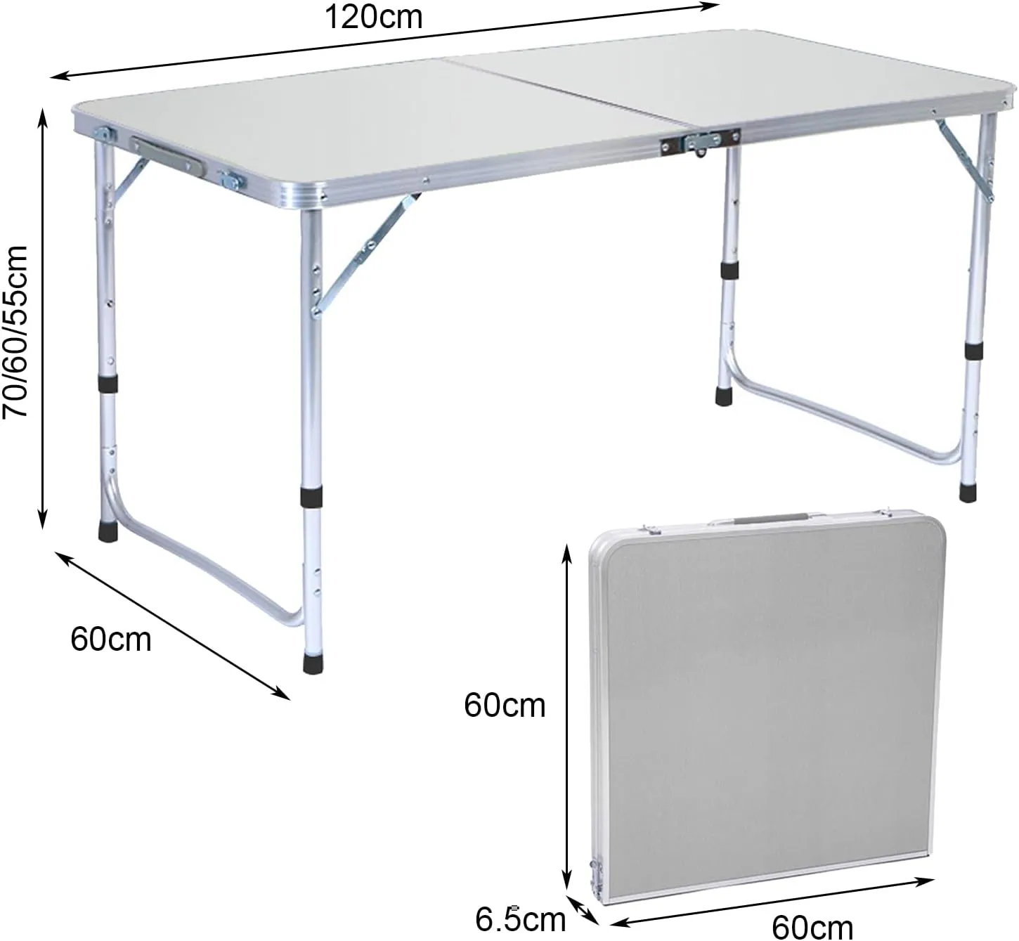 Outdoor Folding Table Portable Lightweight Folding Camping Table Heavy Duty Aluminum Alloy Folding Table with Carrying Handle Height Adjustable Fold-in-Half Table for Camping Picnic BBQ WHI