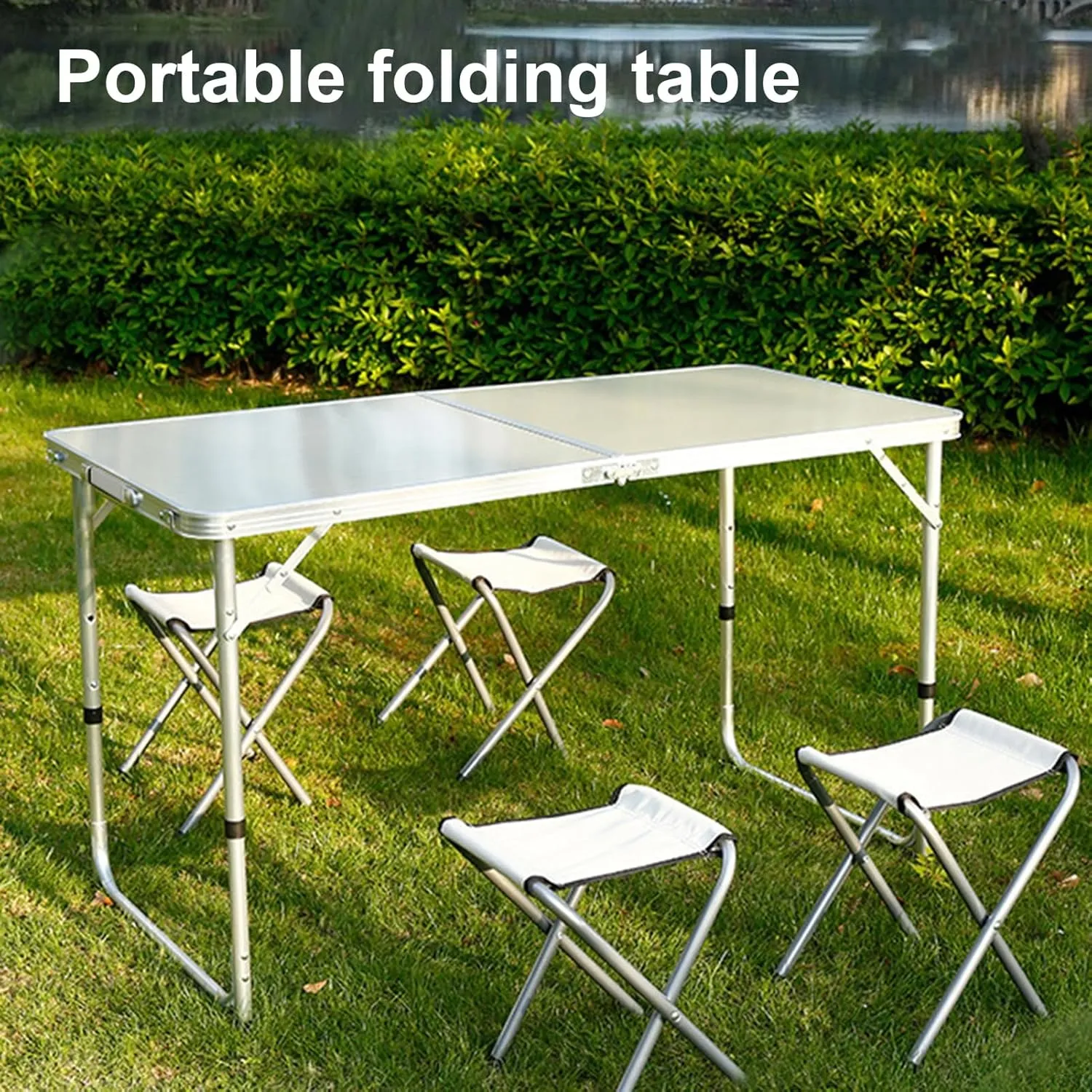 Outdoor Folding Table Portable Lightweight Folding Camping Table Heavy Duty Aluminum Alloy Folding Table with Carrying Handle Height Adjustable Fold-in-Half Table for Camping Picnic BBQ WHI