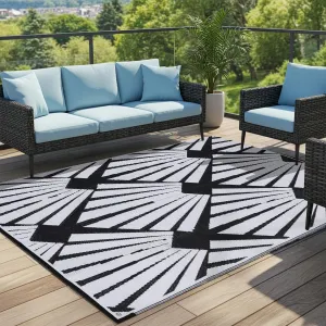 Outdoor Rug for Patio, 9x12 Ft Reversible Outdoor Plastic Straw Rug Waterproof Foldable Camping Mat with Uv Protection, Quick-Dry Straw Patio Carpet for Deck Rv Porch Backyard - Black & White