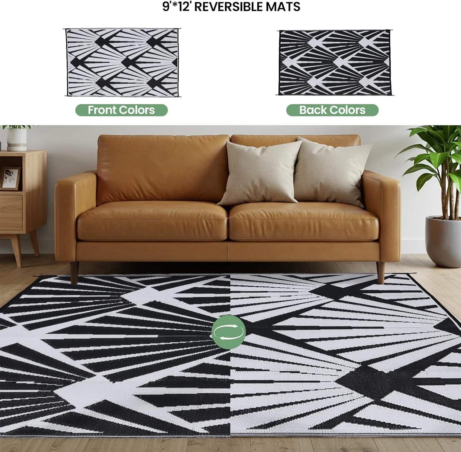 Outdoor Rug for Patio, 9x12 Ft Reversible Outdoor Plastic Straw Rug Waterproof Foldable Camping Mat with Uv Protection, Quick-Dry Straw Patio Carpet for Deck Rv Porch Backyard - Black & White