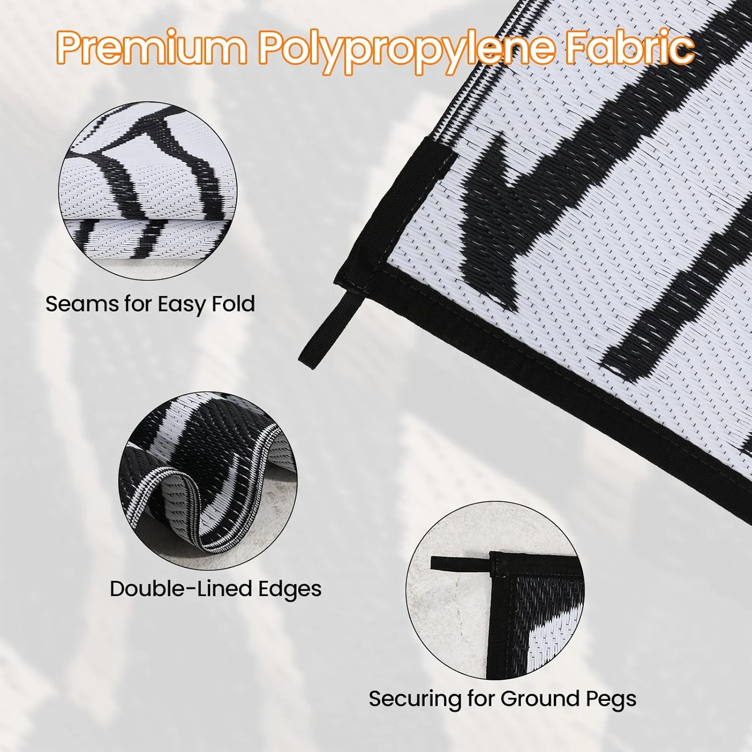 Outdoor Rug for Patio, 9x12 Ft Reversible Outdoor Plastic Straw Rug Waterproof Foldable Camping Mat with Uv Protection, Quick-Dry Straw Patio Carpet for Deck Rv Porch Backyard - Black & White