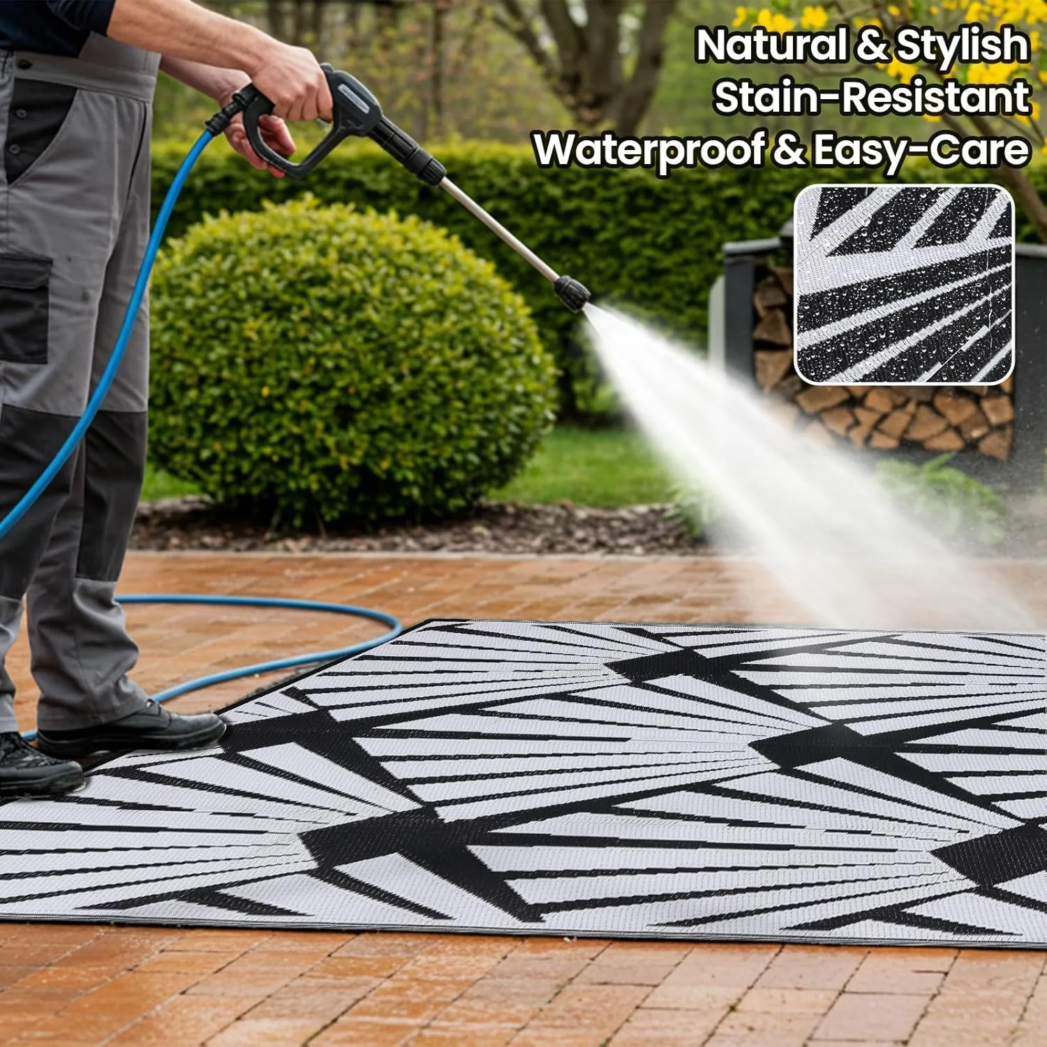 Outdoor Rug for Patio, 9x12 Ft Reversible Outdoor Plastic Straw Rug Waterproof Foldable Camping Mat with Uv Protection, Quick-Dry Straw Patio Carpet for Deck Rv Porch Backyard - Black & White