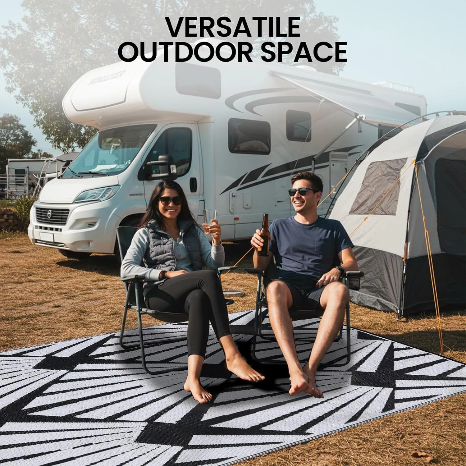 Outdoor Rug for Patio, 9x12 Ft Reversible Outdoor Plastic Straw Rug Waterproof Foldable Camping Mat with Uv Protection, Quick-Dry Straw Patio Carpet for Deck Rv Porch Backyard - Black & White