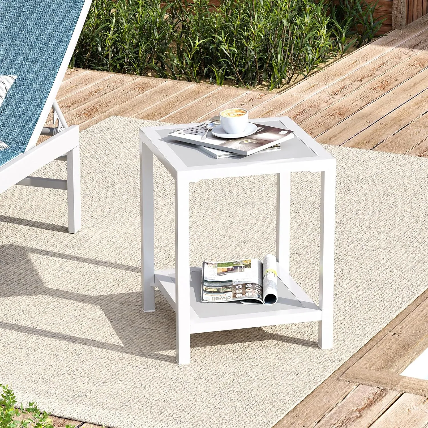 Outdoor Side Table, End Table for Patio,15.8" Solid Side Table for Pool, 2-Tier Sturdy and Weather Resistant, Backyard & Lawn, White