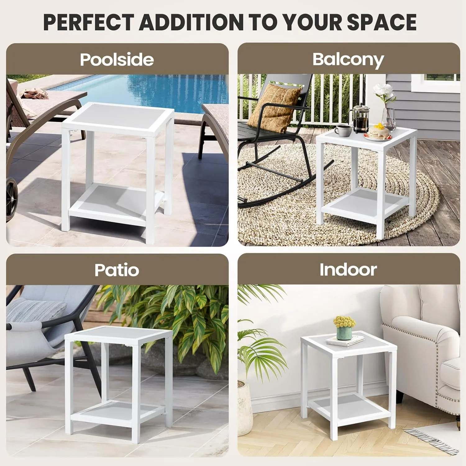 Outdoor Side Table, End Table for Patio,15.8" Solid Side Table for Pool, 2-Tier Sturdy and Weather Resistant, Backyard & Lawn, White
