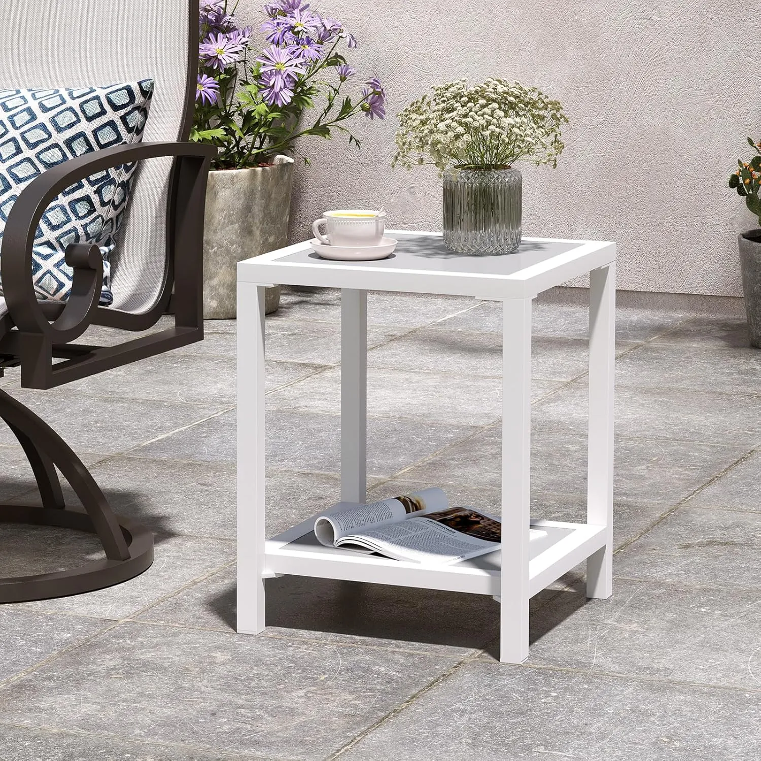 Outdoor Side Table, End Table for Patio,15.8" Solid Side Table for Pool, 2-Tier Sturdy and Weather Resistant, Backyard & Lawn, White