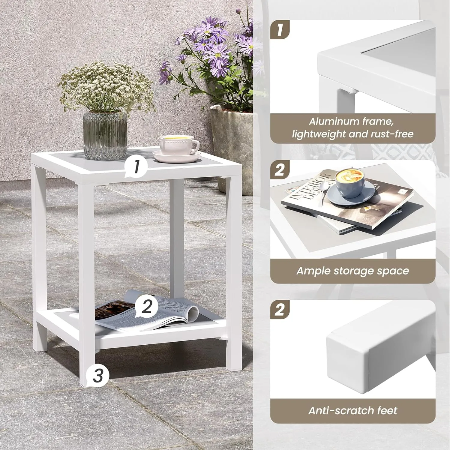 Outdoor Side Table, End Table for Patio,15.8" Solid Side Table for Pool, 2-Tier Sturdy and Weather Resistant, Backyard & Lawn, White