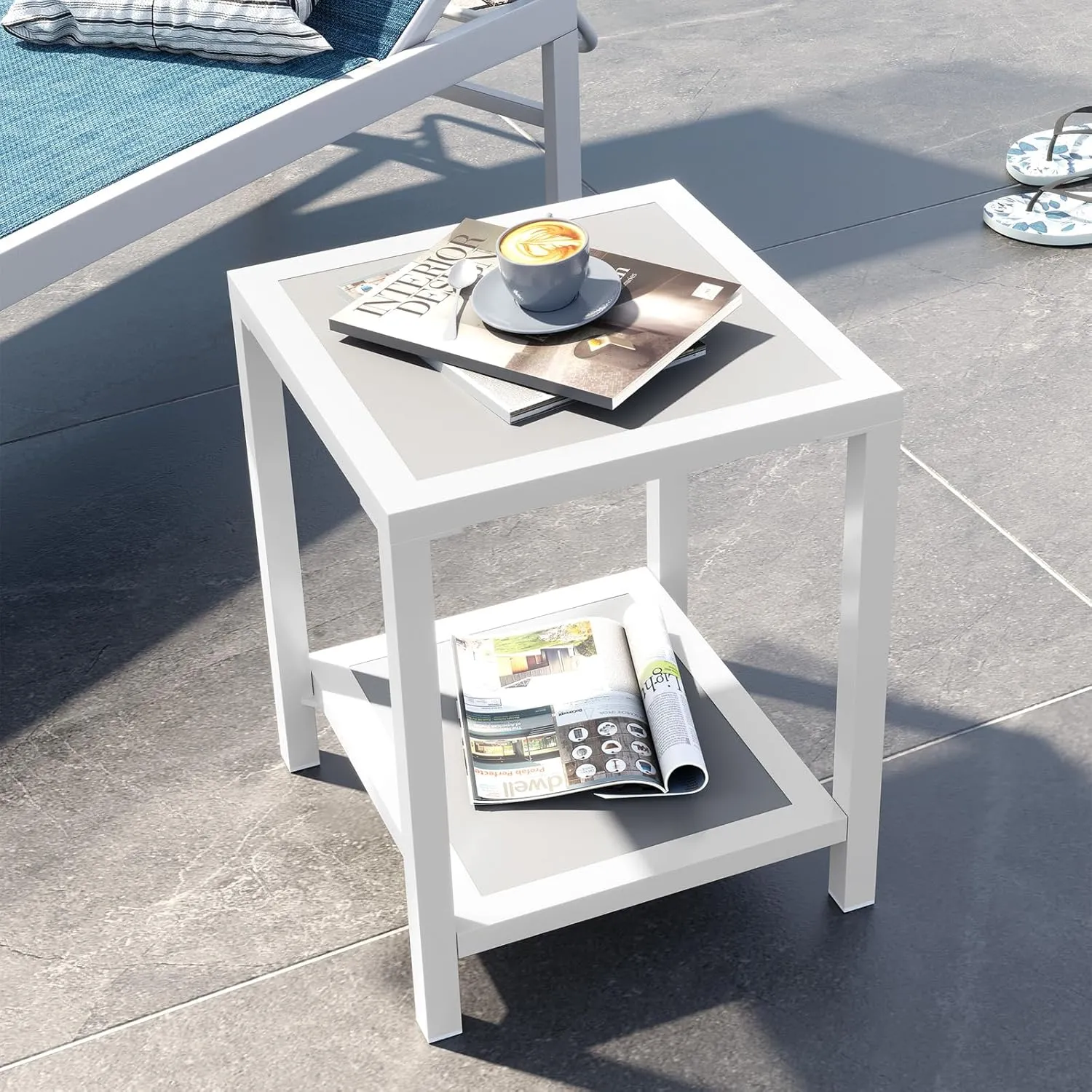 Outdoor Side Table, End Table for Patio,15.8" Solid Side Table for Pool, 2-Tier Sturdy and Weather Resistant, Backyard & Lawn, White