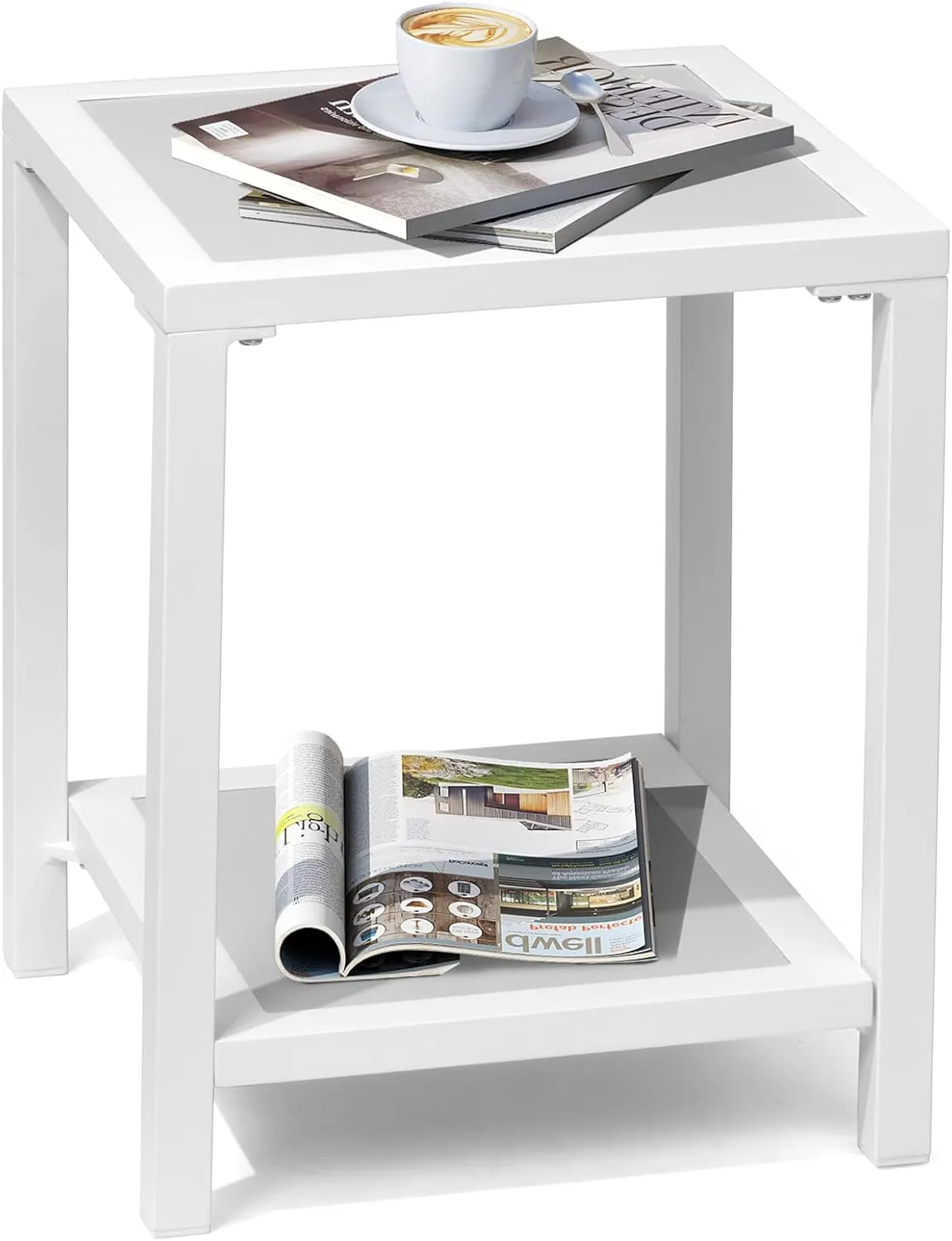 Outdoor Side Table, End Table for Patio,15.8" Solid Side Table for Pool, 2-Tier Sturdy and Weather Resistant, Backyard & Lawn, White