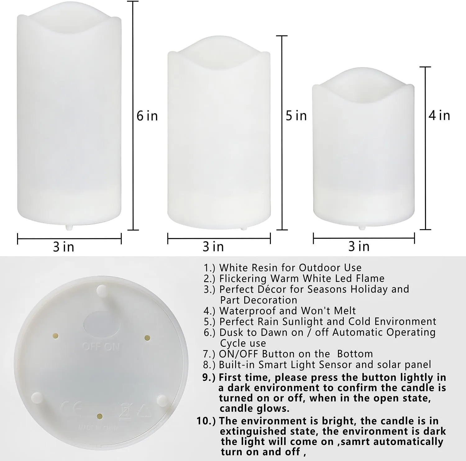 Outdoor Solar Flameless Candles 4" 5" 6" Set of 3 White Dirpless Pillars Include Realistic Flashing LED Flames and Waterproof Light Sensor Timer, Rechargeable Solar Battery Included