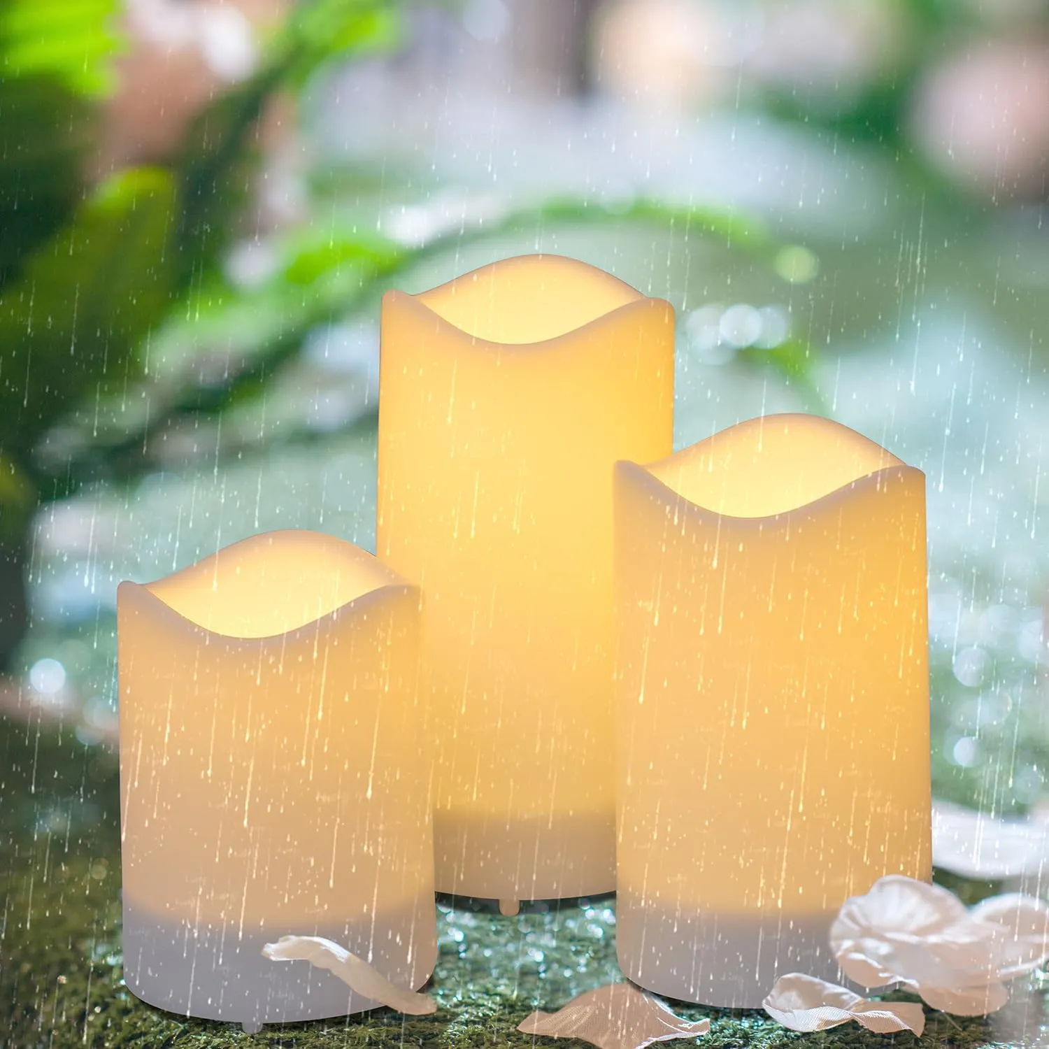 Outdoor Solar Flameless Candles 4" 5" 6" Set of 3 White Dirpless Pillars Include Realistic Flashing LED Flames and Waterproof Light Sensor Timer, Rechargeable Solar Battery Included