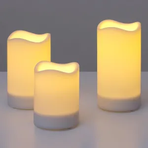Outdoor Solar Flameless Candles 4" 5" 6" Set of 3 White Dirpless Pillars Include Realistic Flashing LED Flames and Waterproof Light Sensor Timer, Rechargeable Solar Battery Included