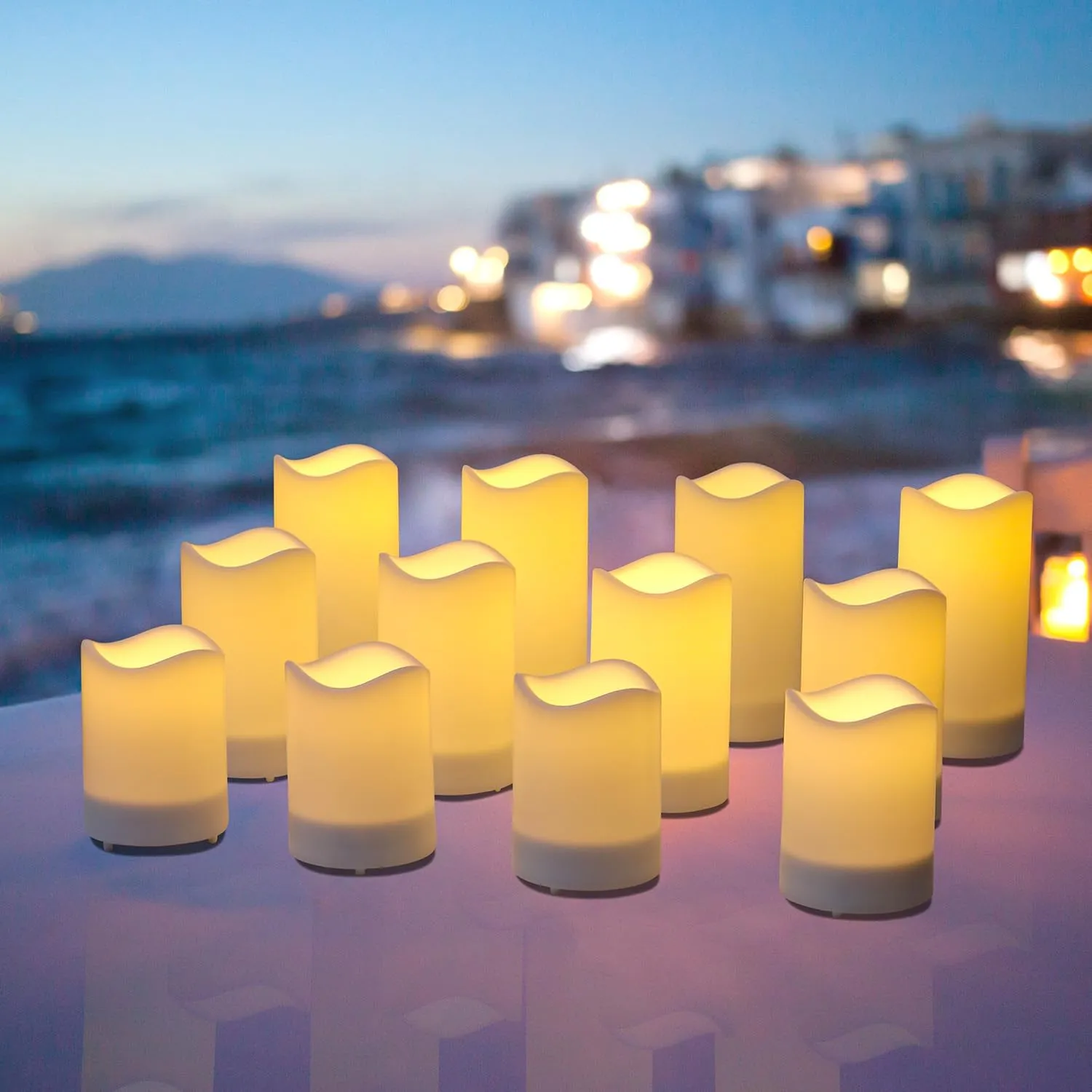 Outdoor Solar Flameless Candles 4" 5" 6" Set of 3 White Dirpless Pillars Include Realistic Flashing LED Flames and Waterproof Light Sensor Timer, Rechargeable Solar Battery Included
