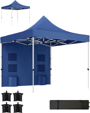 Outsunny 10' x 10' Heavy Duty Pop Up Canopy Tent with Sidewall, UPF50  Instant Sun Shelter with Storage Pockets, Height Adjustable, with Wheeled Bag, Sand Bags for Outdoor, Patio, Dark Blue