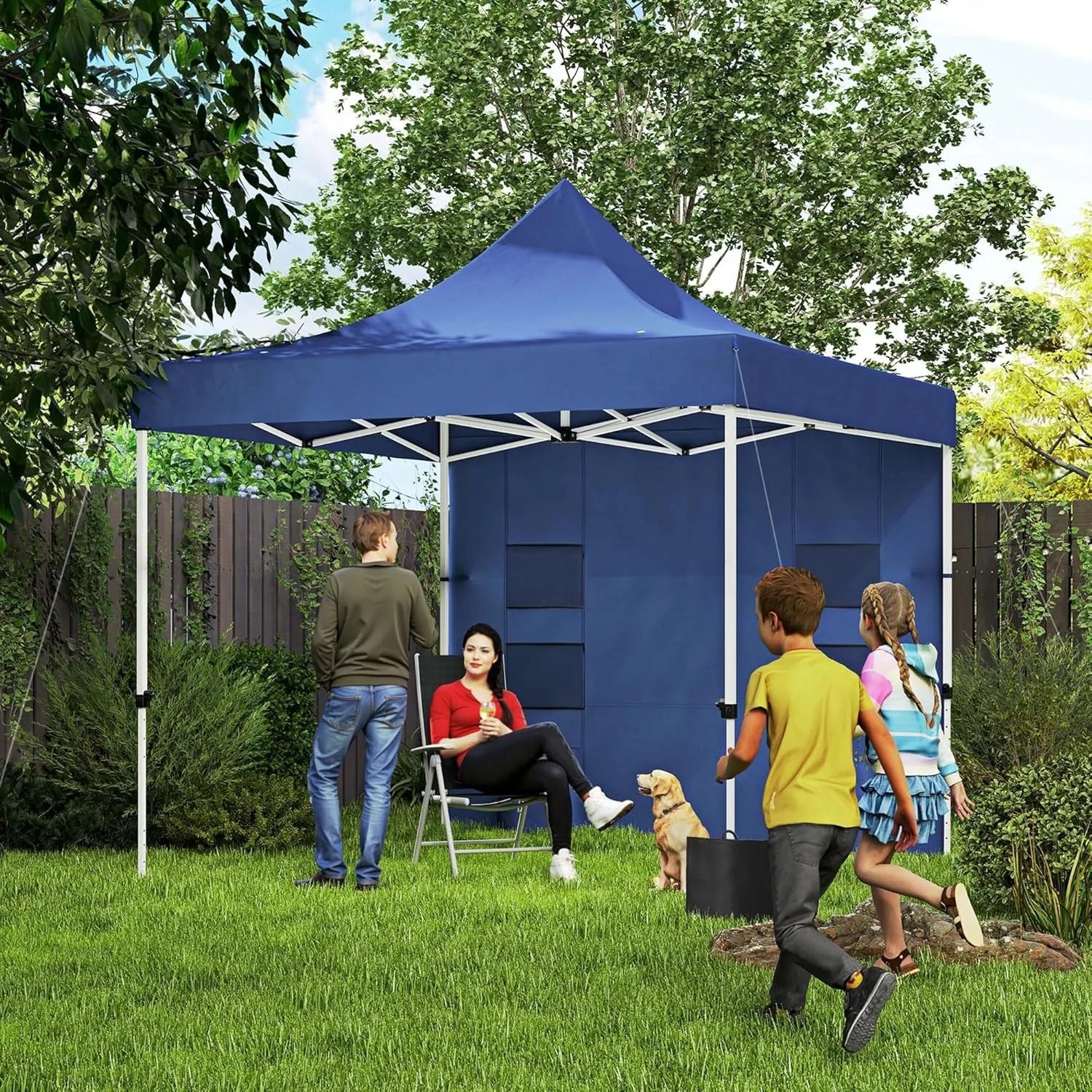 Outsunny 10' x 10' Heavy Duty Pop Up Canopy Tent with Sidewall, UPF50  Instant Sun Shelter with Storage Pockets, Height Adjustable, with Wheeled Bag, Sand Bags for Outdoor, Patio, Dark Blue