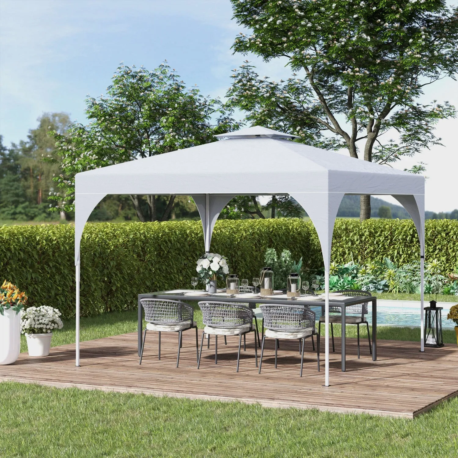Outsunny 10'x10' Pop Up Canopy With 2 Tier Vented Roof Carrying Bag White|Outsunny 10'x10' Auvent Avec Sac De Transport Toit A 2 Niveaux, Blanc