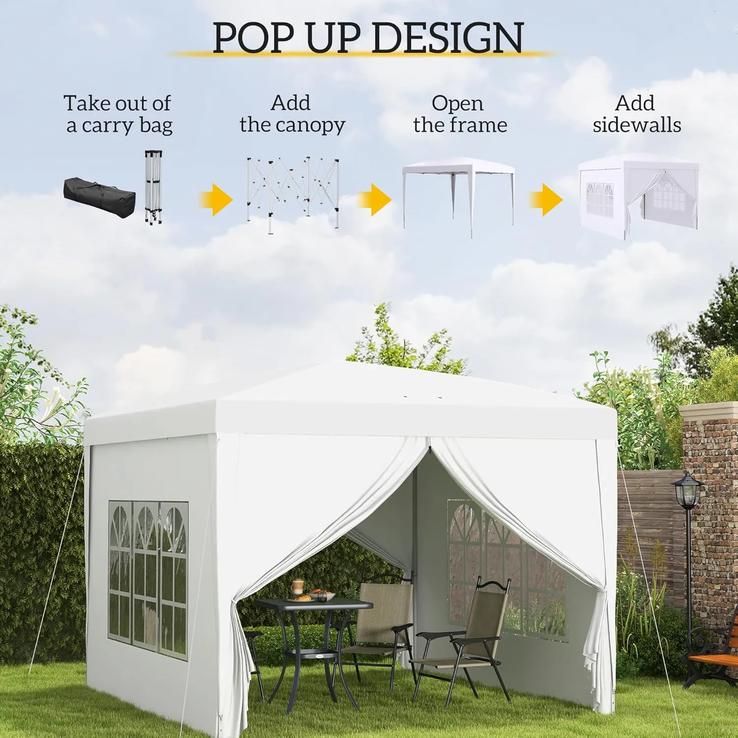 Outsunny 3 x 3(m) Pop Up Gazebo, Water and UV Resistant Party Tent Camping Canopy Marquee with Carry Bag, White