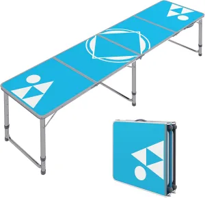 Outsunny 8ft Portable Beer Pong Table with Adjustable Legs, Folding Camping Table, Aluminum Picnic Table, for Party, Travel, BBQ, Beach, Blue and White