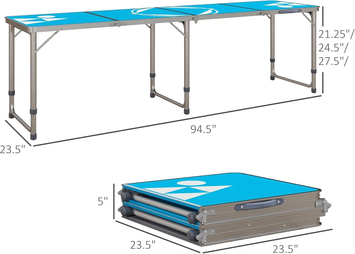 Outsunny 8ft Portable Beer Pong Table with Adjustable Legs, Folding Camping Table, Aluminum Picnic Table, for Party, Travel, BBQ, Beach, Blue and White