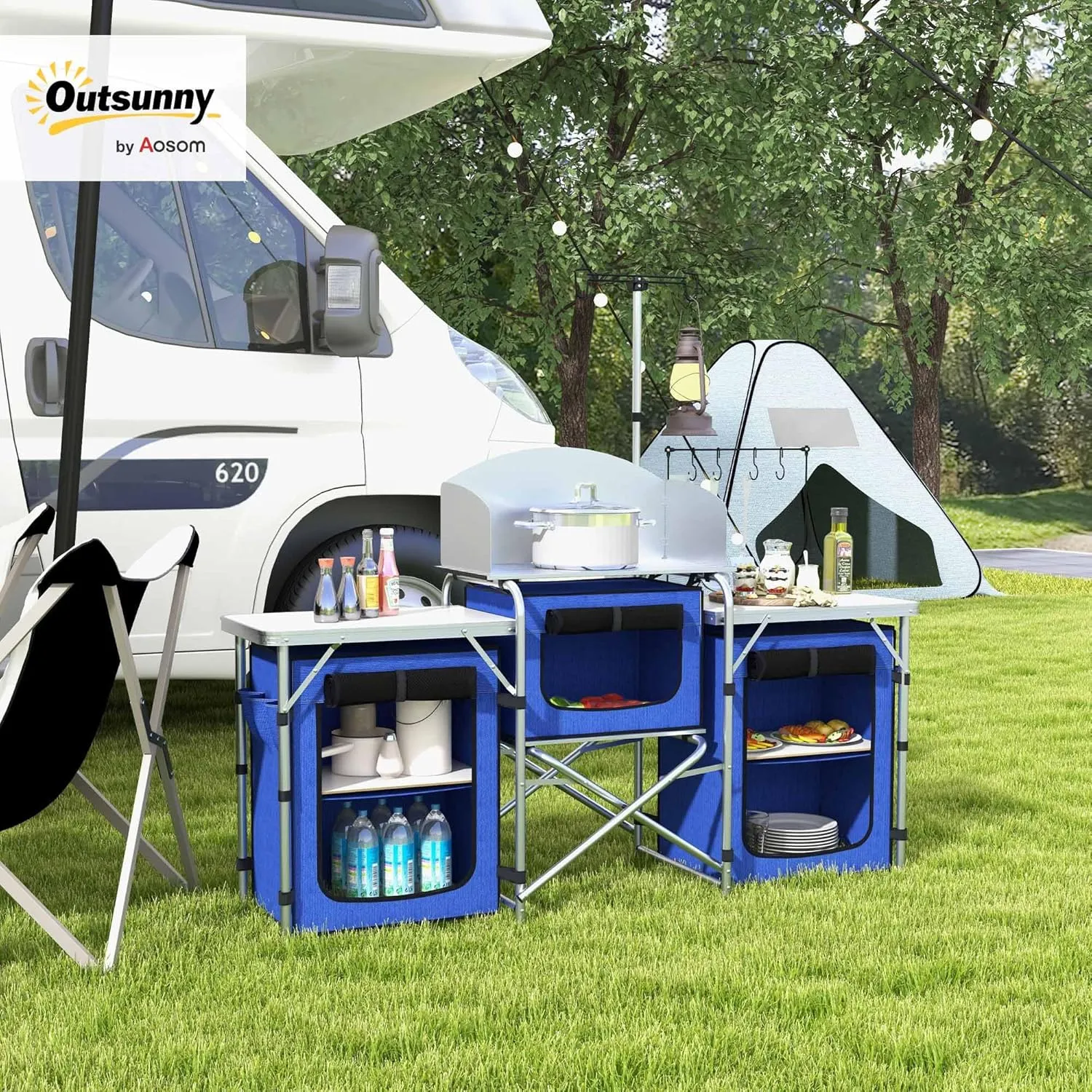 Outsunny Camping Kitchen Table, Portable Folding Camp Kitchen, Aluminum Cook Station with 3 Fabric Cupboards, Windshield, Carrying Bag for BBQ, RV, Picnic, Blue