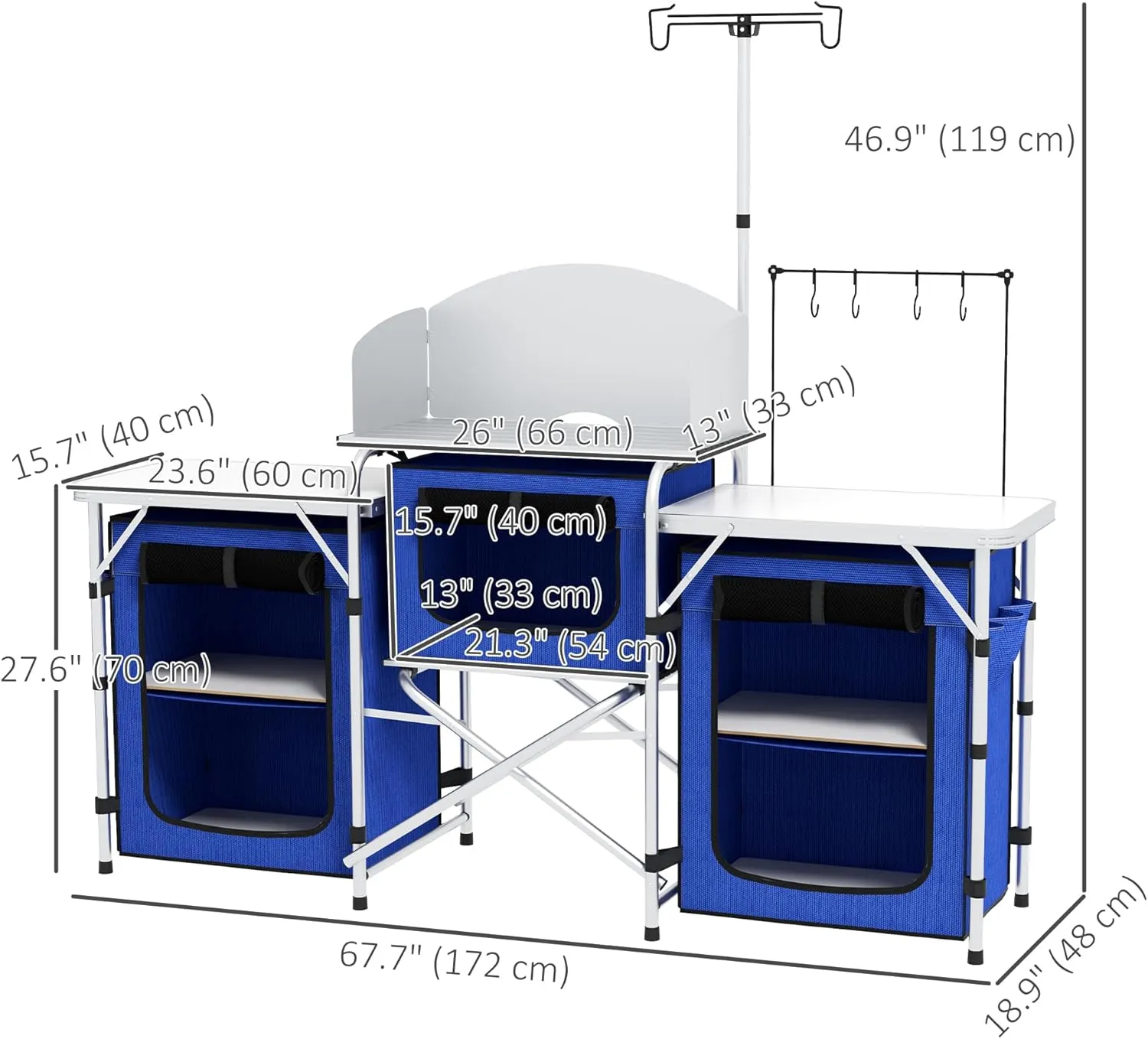 Outsunny Camping Kitchen Table, Portable Folding Camp Kitchen, Aluminum Cook Station with 3 Fabric Cupboards, Windshield, Carrying Bag for BBQ, RV, Picnic, Blue