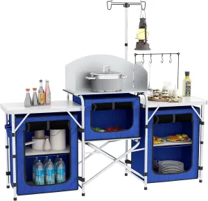 Outsunny Camping Kitchen Table, Portable Folding Camp Kitchen, Aluminum Cook Station with 3 Fabric Cupboards, Windshield, Carrying Bag for BBQ, RV, Picnic, Blue