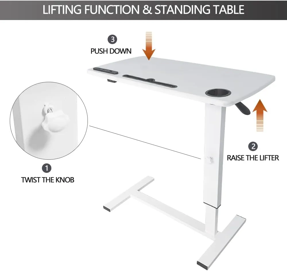 Over Bed Table Pneumatic Adjustable Height Stand Desk with Hidden Wheels USB Ports Pad Slot Mobile Laptop Standing Desk Cart, Podium Table (White, 32X16 inshes)