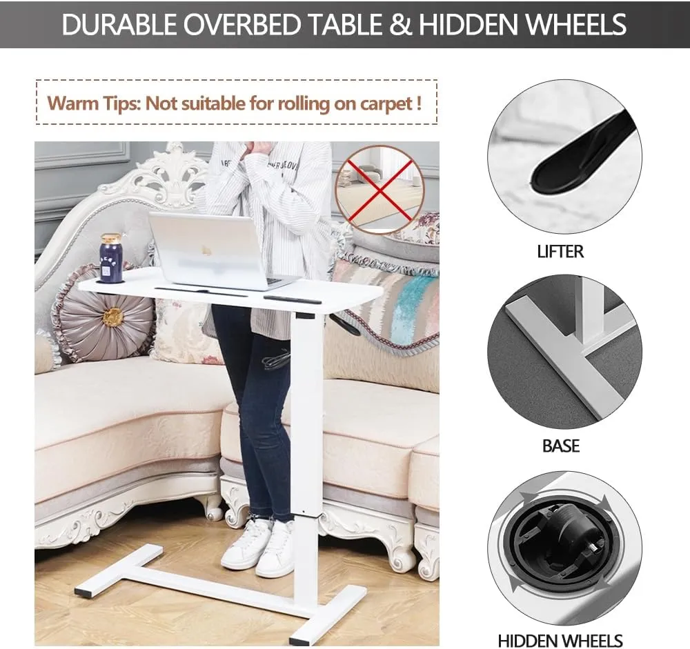 Over Bed Table Pneumatic Adjustable Height Stand Desk with Hidden Wheels USB Ports Pad Slot Mobile Laptop Standing Desk Cart, Podium Table (White, 32X16 inshes)