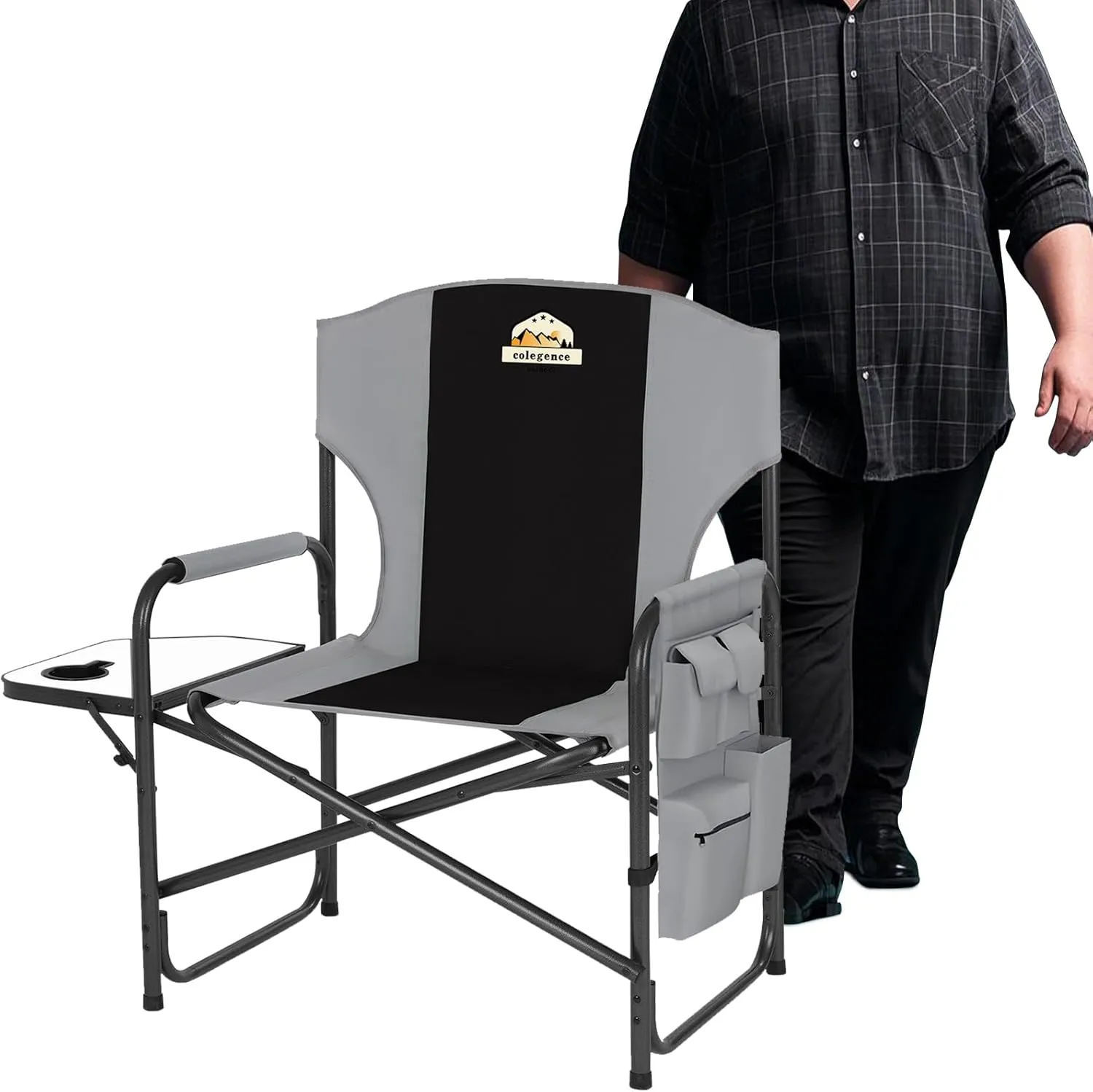 Oversized Directors Camping Chair Support 600 LBS, Heavy Duty Folding Outdoor Chairs with Detachable Side Pocket and Adjustable Side Table for Outside Beach,Lawn,Fishing (Black)