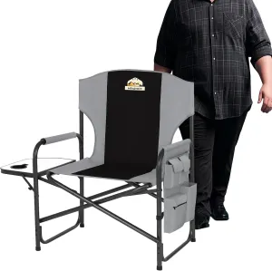 Oversized Directors Camping Chair Support 600 LBS, Heavy Duty Folding Outdoor Chairs with Detachable Side Pocket and Adjustable Side Table for Outside Beach,Lawn,Fishing (Black)