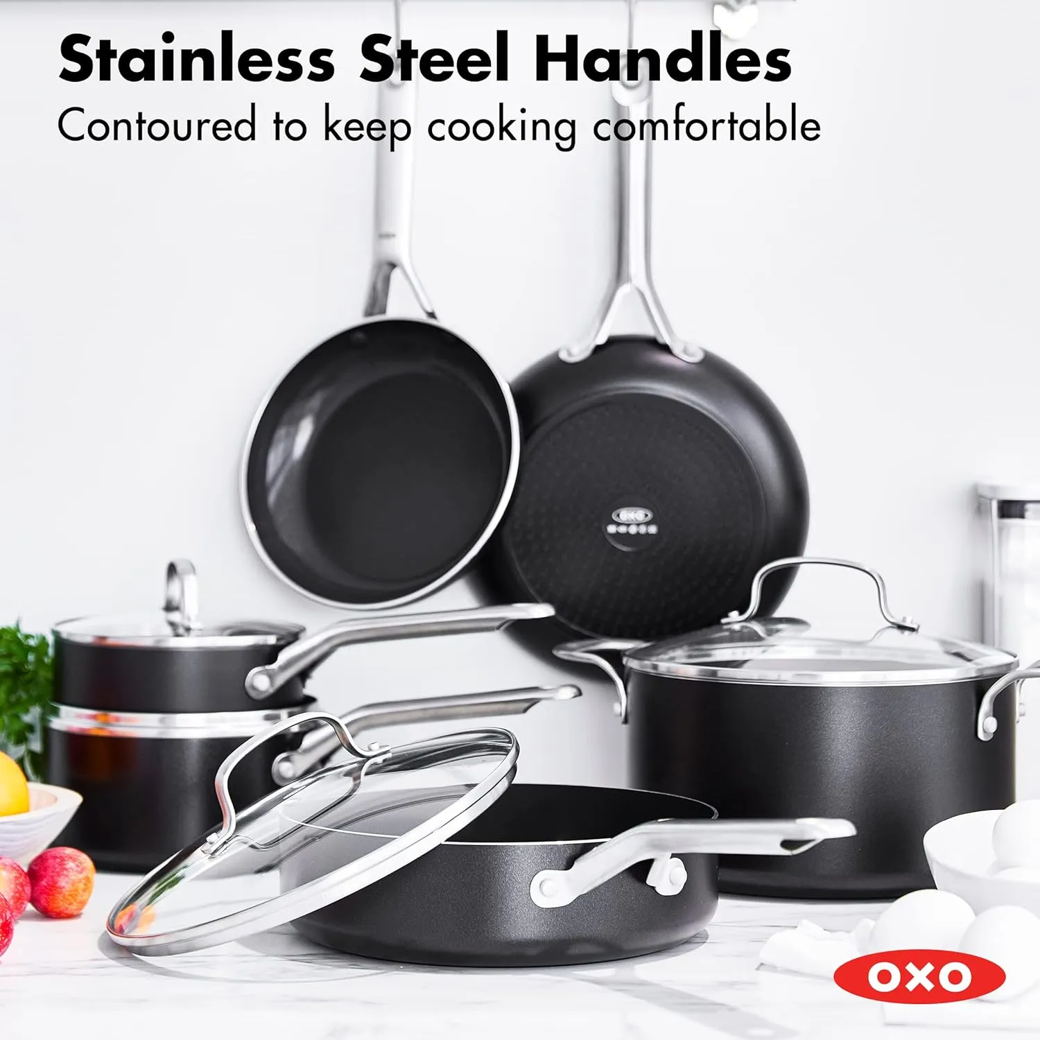 OXO Agility Series 10 Piece Cookware Pots and Pans Set, Ceramic Nonstick PFAS-Free, Induction, Skillets,Saucepans,Lids,Even Heating,Stainless Steel Handles,Chip-Free Rims,Dishwasher & Oven Safe,Black