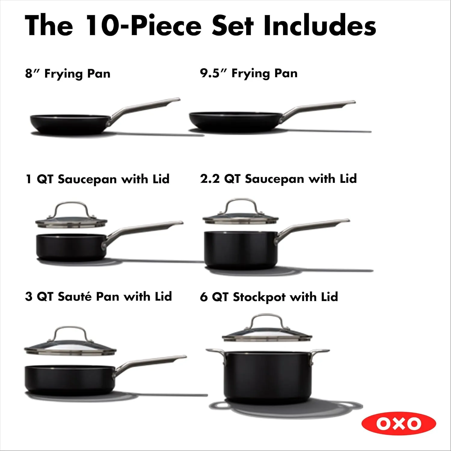 OXO Agility Series 10 Piece Cookware Pots and Pans Set, Ceramic Nonstick PFAS-Free, Induction, Skillets,Saucepans,Lids,Even Heating,Stainless Steel Handles,Chip-Free Rims,Dishwasher & Oven Safe,Black
