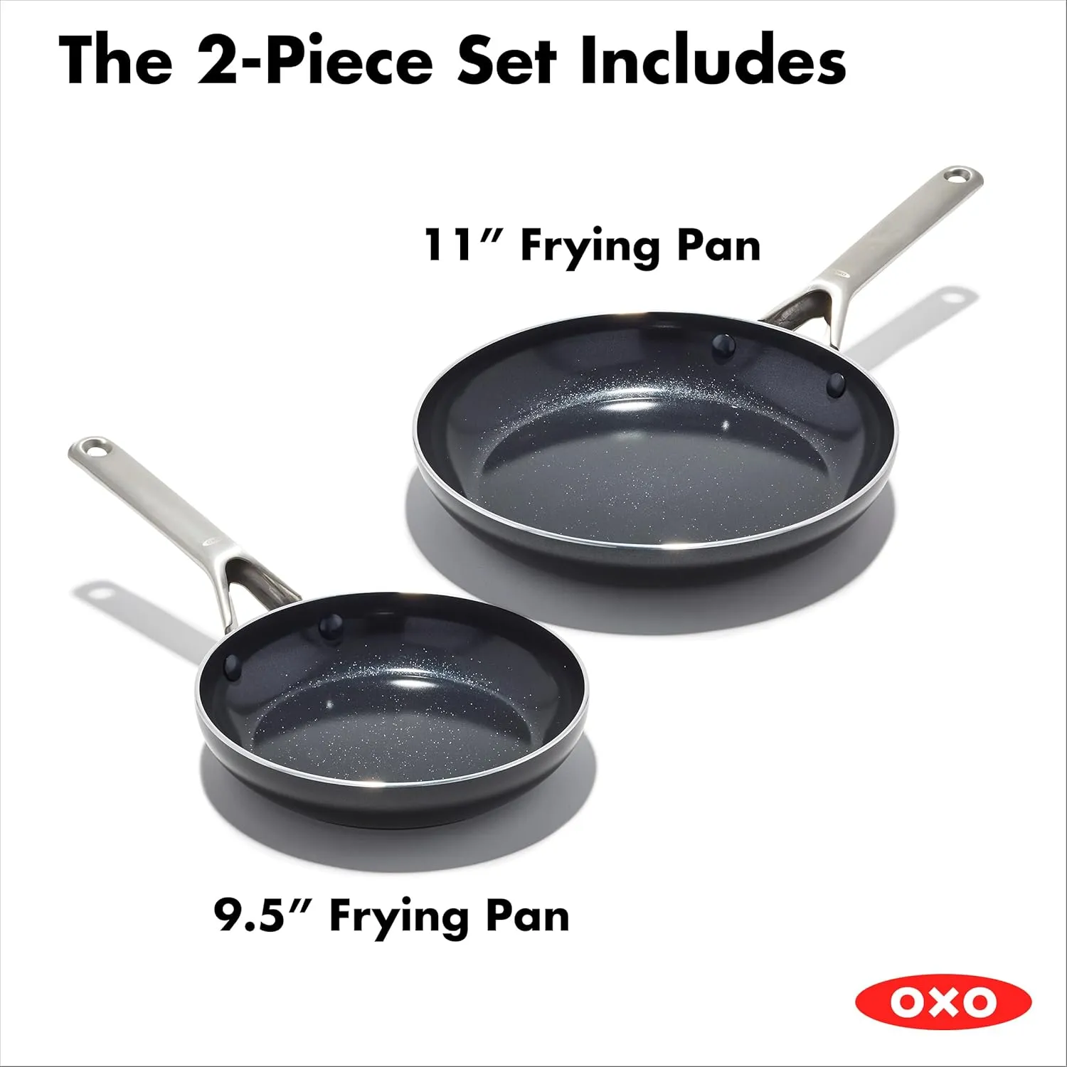 OXO Agility Series 9.5" and 11” Frying Pan Skillet Set, Ceramic Nonstick Cookware PFAS-Free Induction Suitable Quick Even Heating, Stainless Steel Handle, Chip-Free Rims Dishwasher and Oven Safe Black