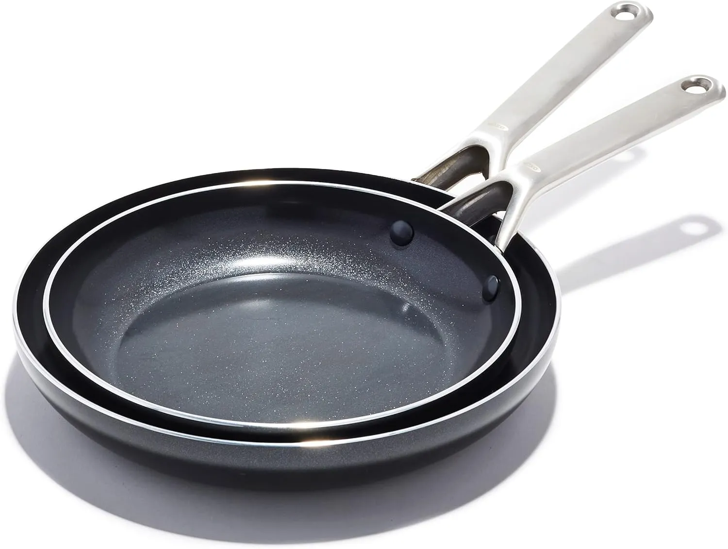 OXO Agility Series 9.5" and 11” Frying Pan Skillet Set, Ceramic Nonstick Cookware PFAS-Free Induction Suitable Quick Even Heating, Stainless Steel Handle, Chip-Free Rims Dishwasher and Oven Safe Black