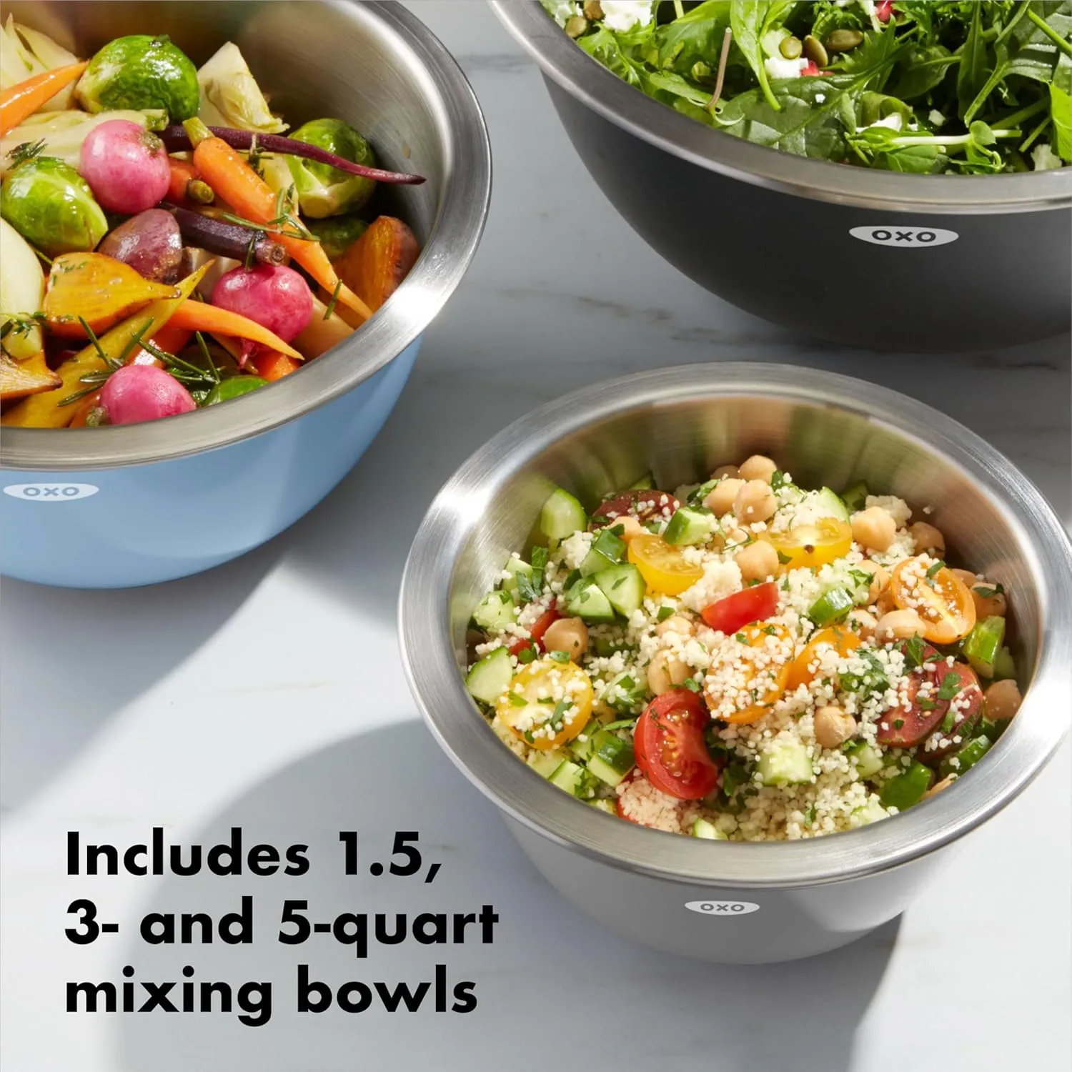 OXO Good Grips 3-Piece Stainless Steel Mixing Bowl Set - Blue/Gray, 4.7L, Multi Size