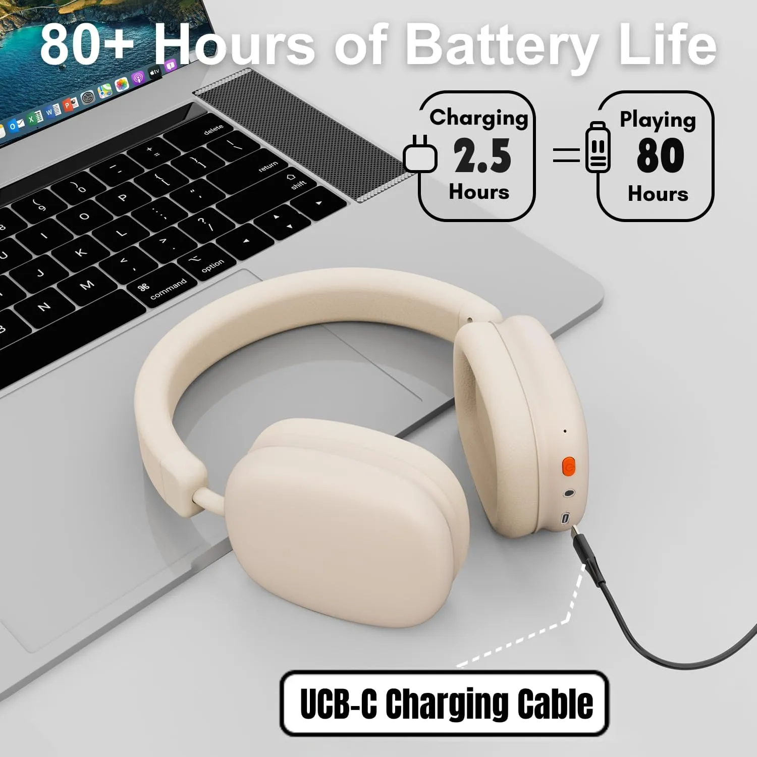 P37 Max Bluetooth Headphones Over The Ear,Beige Headphone Bluetooth with Microphone,80H Playtime,Deep Bass Memory Foam Ear Cups,audífonos inalámbricos Ideal for Travel, Home Office, Gym Workouts