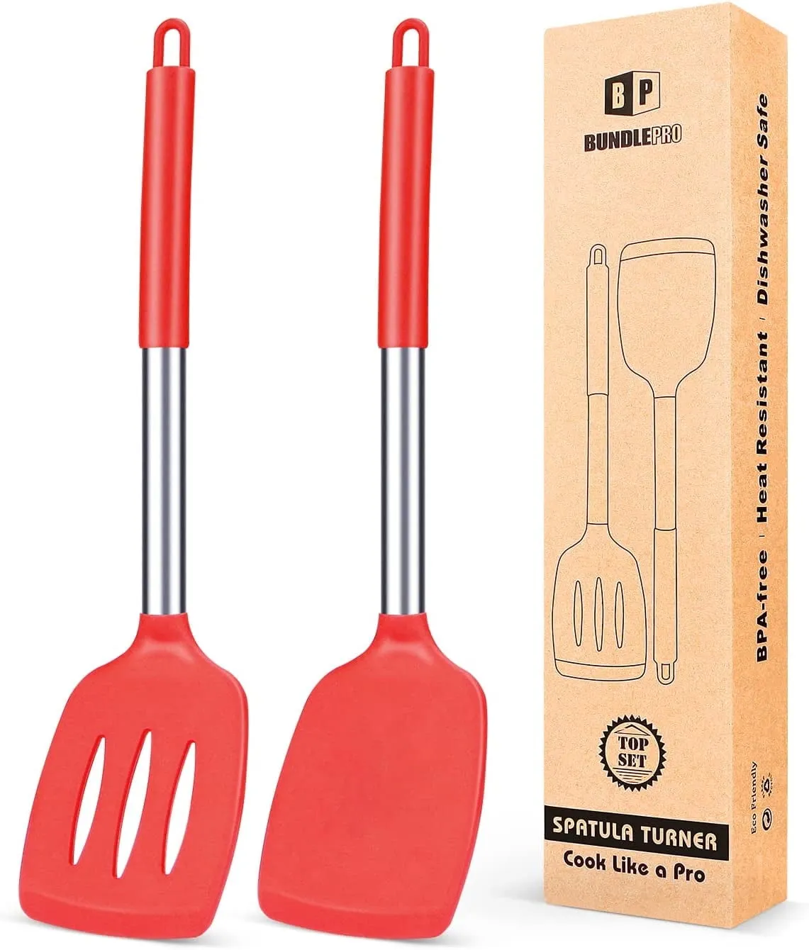 Pack of 2 Silicone Spatulas Turners, Non Stick Slotted and Solid Kitchen Utensils