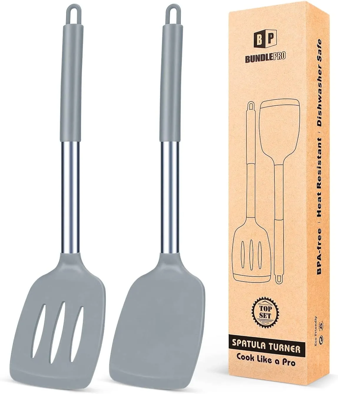 Pack of 2 Silicone Spatulas Turners, Non Stick Slotted and Solid Kitchen Utensils