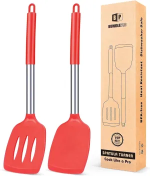 Pack of 2 Silicone Spatulas Turners, Non Stick Slotted and Solid Kitchen Utensils