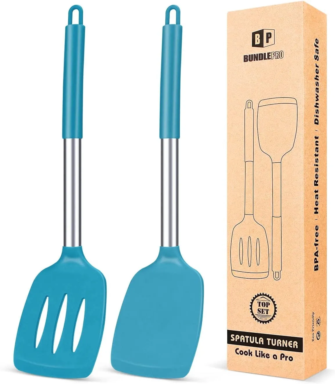 Pack of 2 Silicone Spatulas Turners, Non Stick Slotted and Solid Kitchen Utensils
