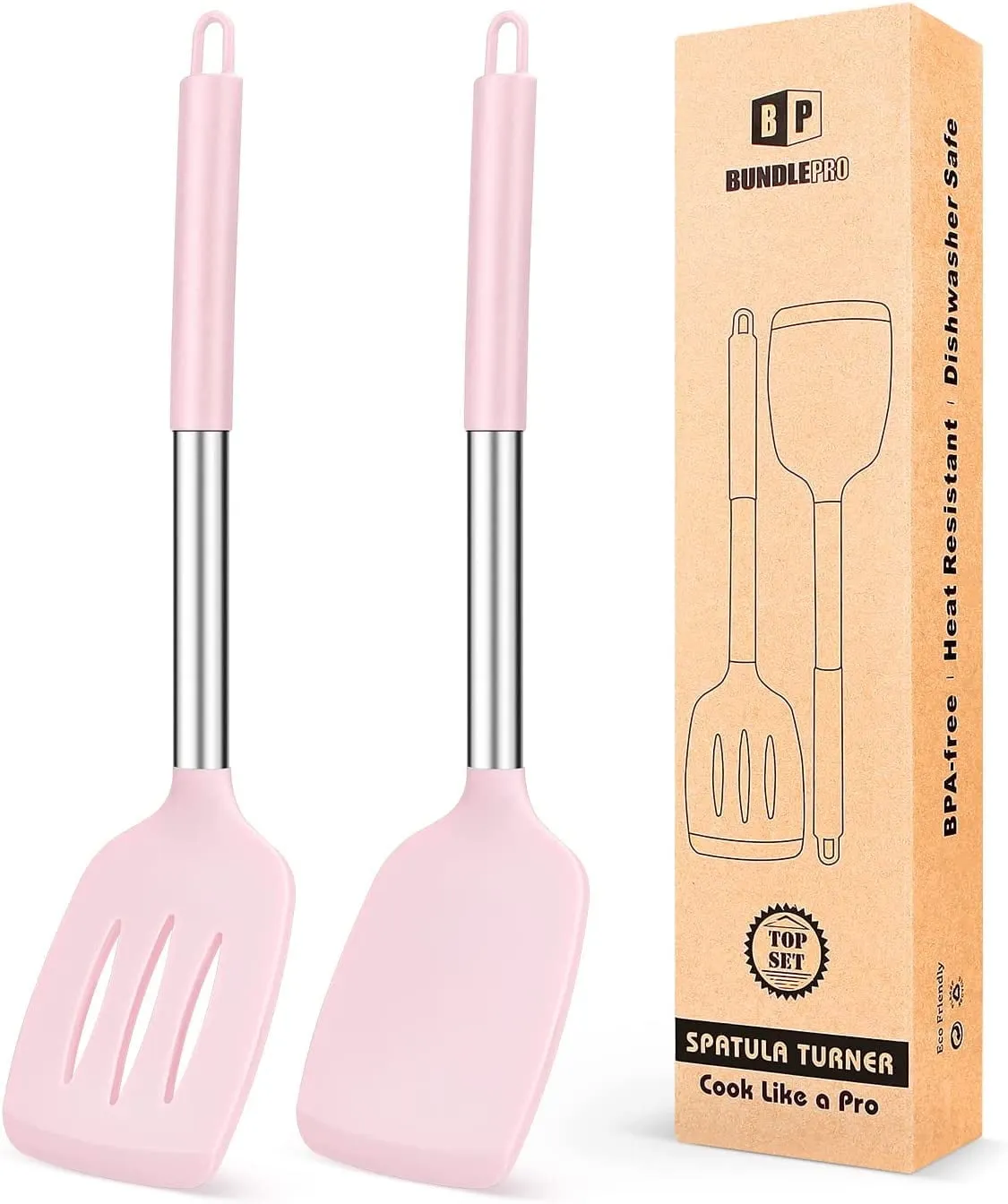 Pack of 2 Silicone Spatulas Turners, Non Stick Slotted and Solid Kitchen Utensils