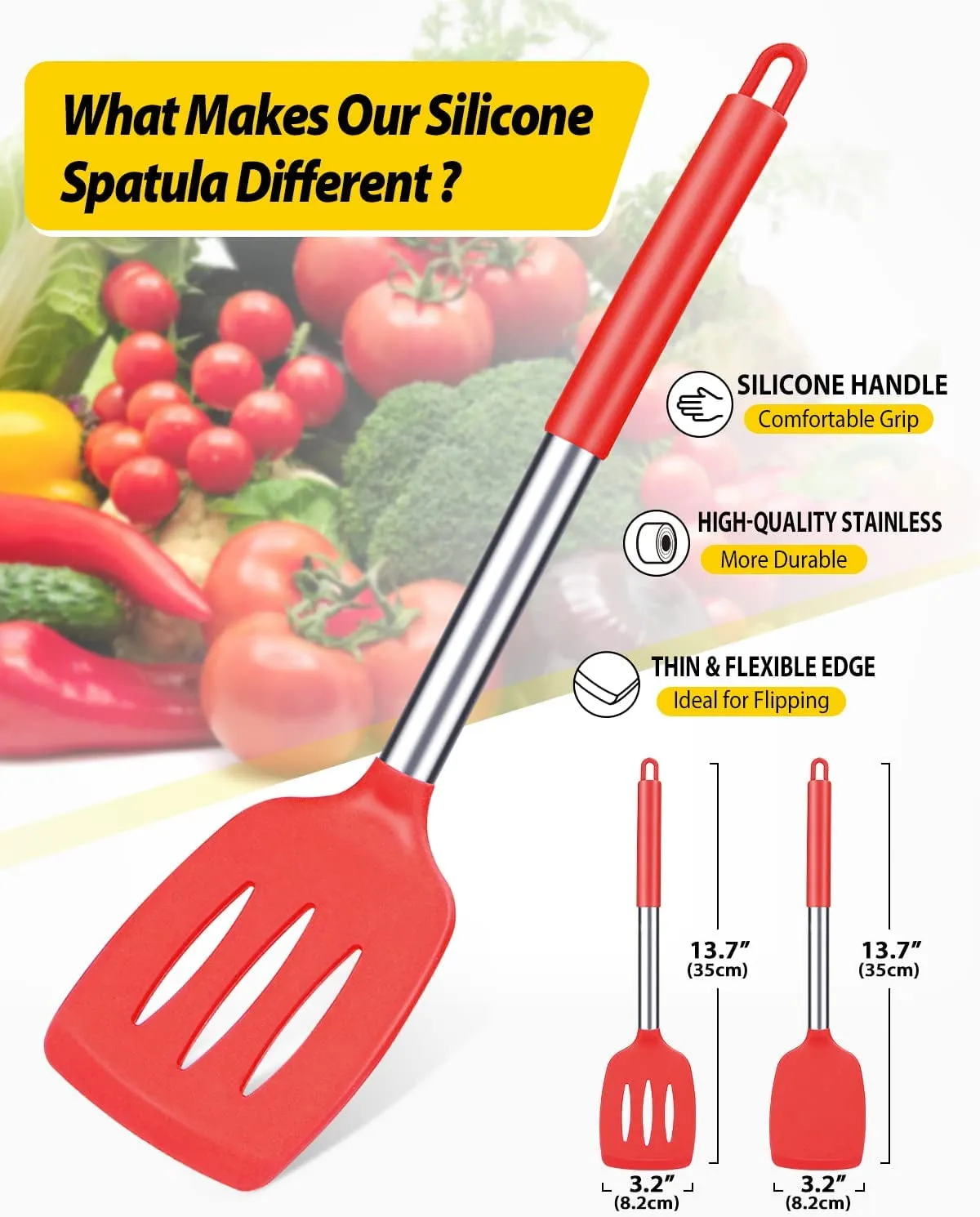 Pack of 2 Silicone Spatulas Turners, Non Stick Slotted and Solid Kitchen Utensils