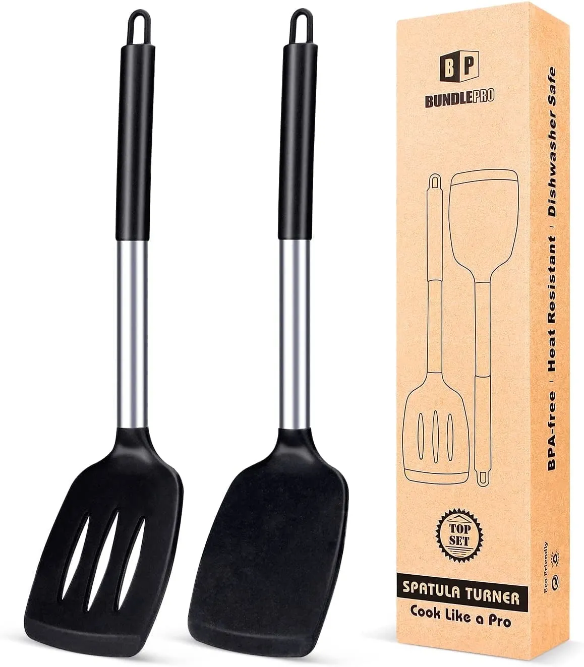 Pack of 2 Silicone Spatulas Turners, Non Stick Slotted and Solid Kitchen Utensils
