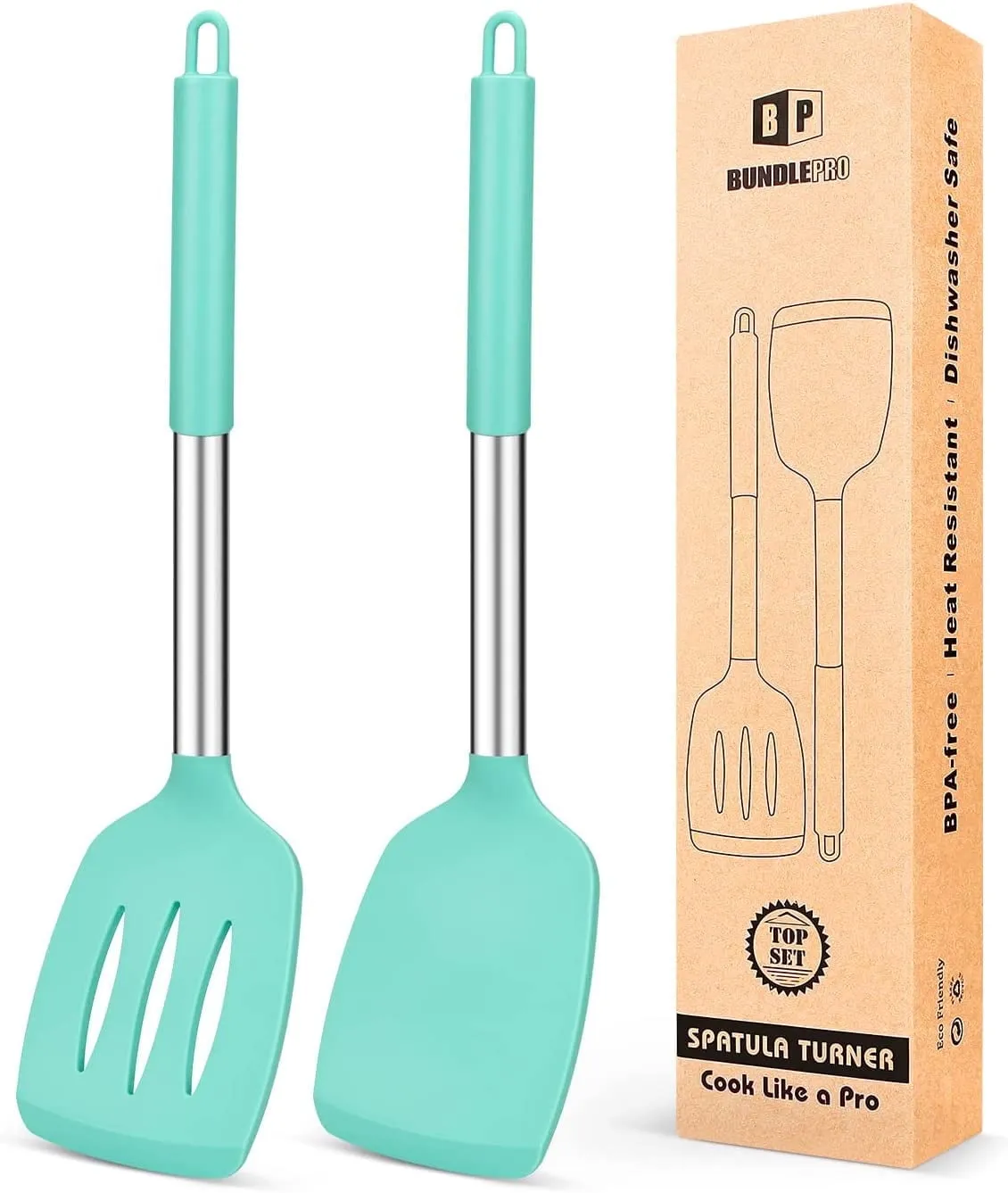 Pack of 2 Silicone Spatulas Turners, Non Stick Slotted and Solid Kitchen Utensils