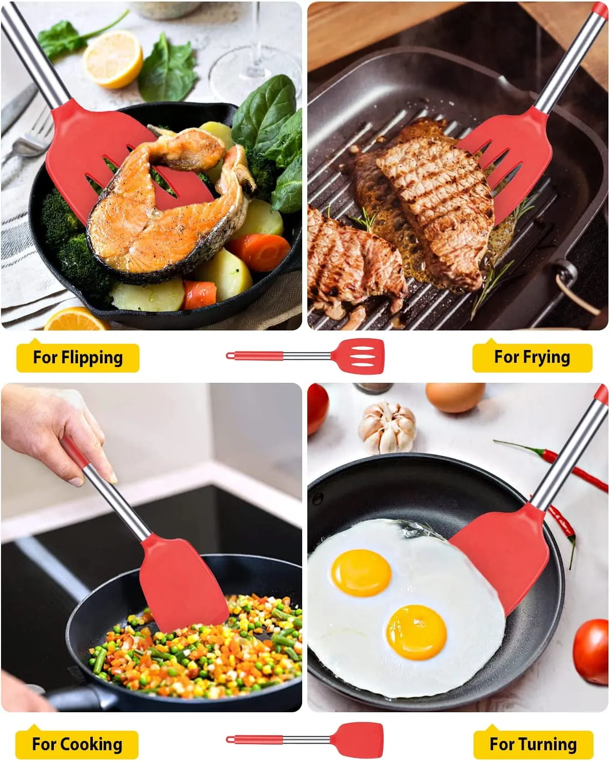 Pack of 2 Silicone Spatulas Turners, Non Stick Slotted and Solid Kitchen Utensils